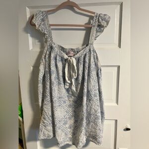 Urban Outfitters White and Blue french pattern cotton gauze baby doll top.